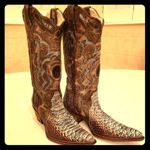 Snakeskin cowboy boots made in Mexico.